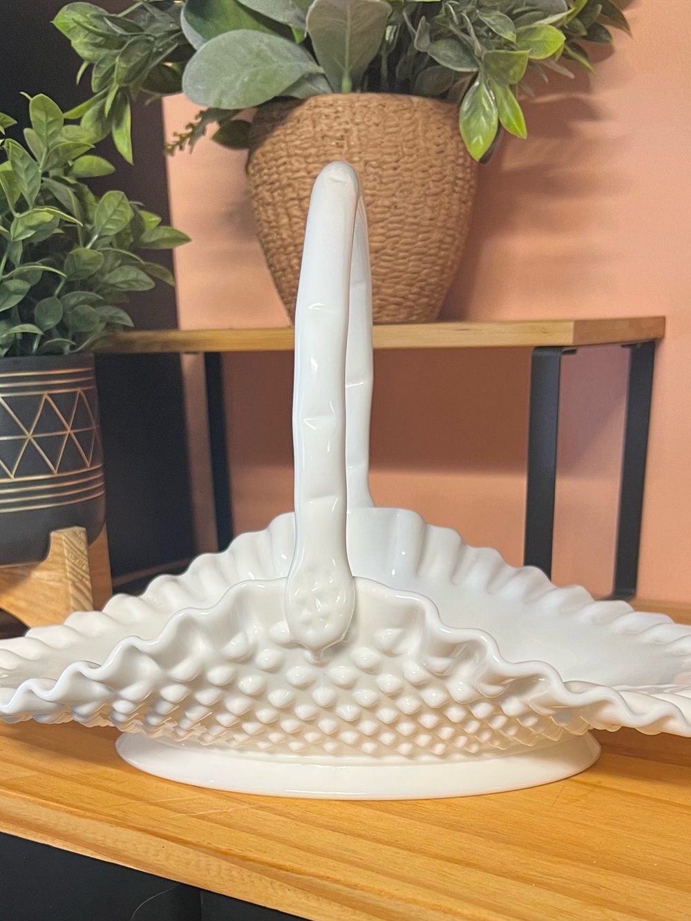 Vintage Fenton Milk Glass White Hobnail Handle Serving Basket